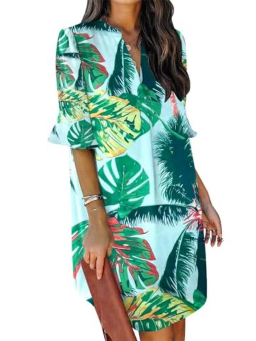Women V Neck Ruffle Short Sleeve Shift Dress Flowy